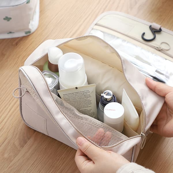 Hängande necessär för kvinnor, resetoalettväskor med krok, beige