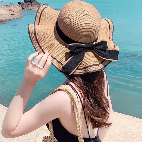 Dame stråhat med bred skygge, sommer strand solbeskyttelseshat floppy med sløjfe beige medium Beige Medium