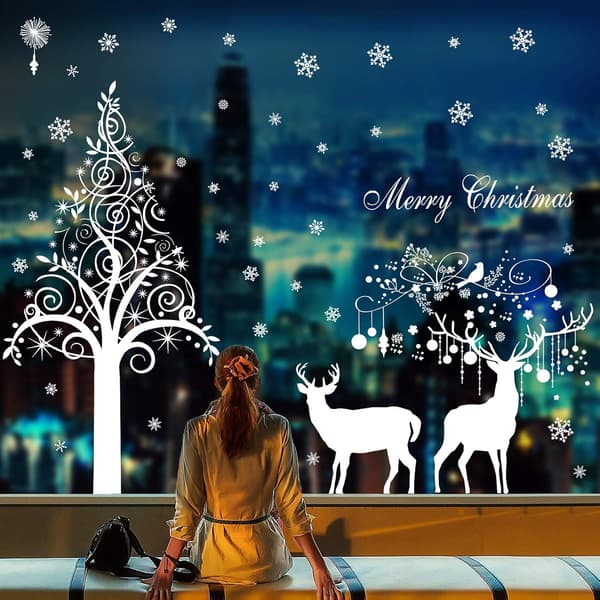 Large White Christmas Tree Reindeer Door Window Stickers