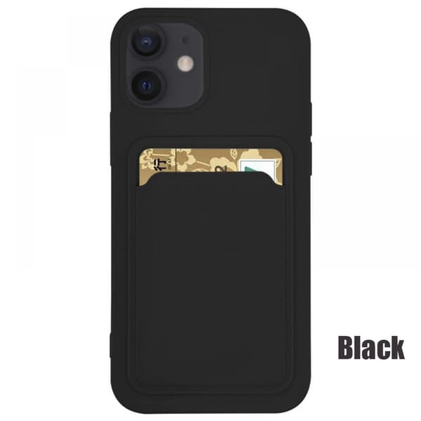 iPhone 12-cover med kortholder, sort skridsikker silikonebeskyttelse [JUN]