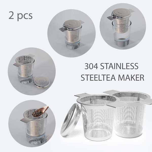 Sæt med 2 te-infusere med låg, tefilter i 304 rustfrit stål, genanvendeligt ekstra fint netfilter til kopper, tekander, kaffe