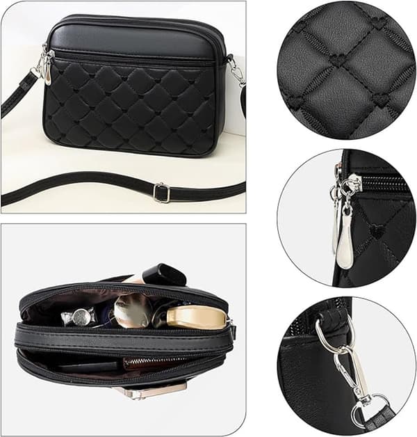 Women's Phone Bag, PU Quilted Heart Design, Multiple Zipper Pockets, Adjustable Detachable Strap, Black, 25 × 7.5 × 18 cm