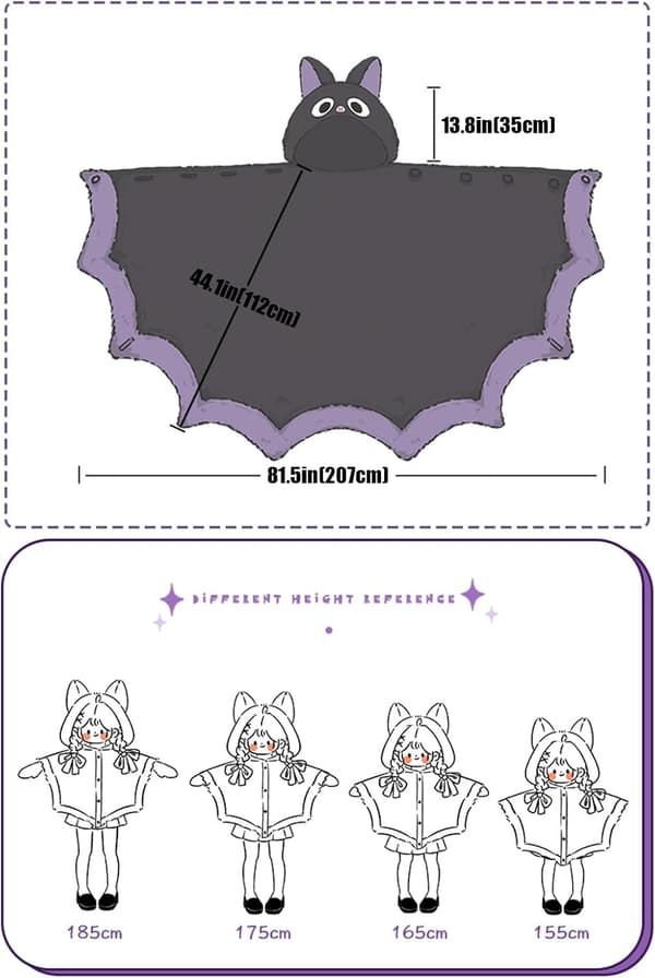 Søt flaggermusteppe-hettegenser, bærbart flaggermusteppe for voksne til Halloween-cosplay, myk flaggermuskappe med hette for kvinner