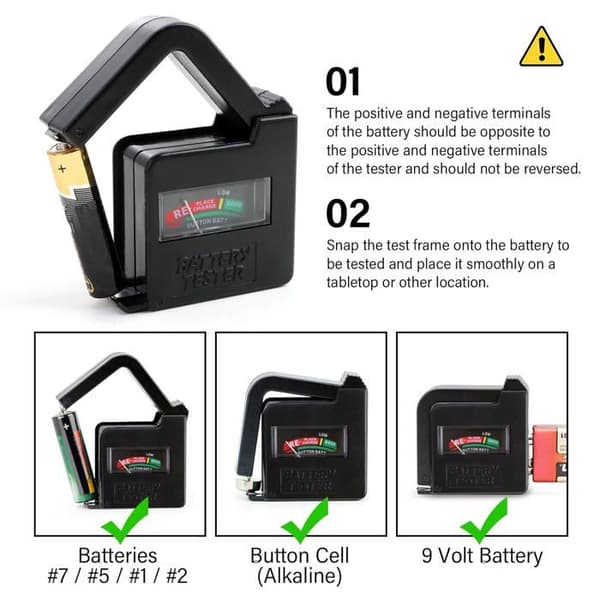 BT860 Universal Digital Battery Tester, Compatible with AA, AAA, C, D, 9V, and Button Cell Batteries, Accurate Analog Display