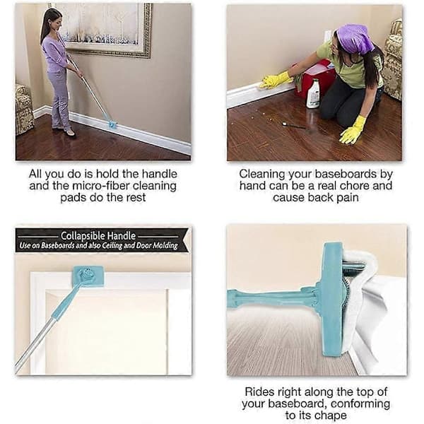Baseboard Cleaning Tool with Handle and 2 Reusable Cleaning Pads, No-Bending Mop, Long Handle, Adjustable