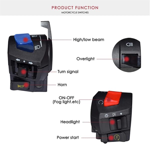 Motorcycle Handlebar Switch, On/Off Switch Left and Right Handlebar Control 7/8 Inch Headlight Turn Signal Horn Switch High Beam Low Beam