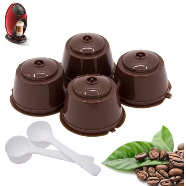 4 stk Dolce Gusto kaffekapsler – gjenbrukbar påfyllbar kopp med 2 skjeer – kaffe