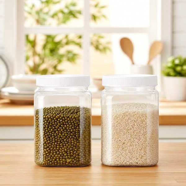 2 st plastburkar 25 oz genomskinlig köksförvaringsbehållare med lock