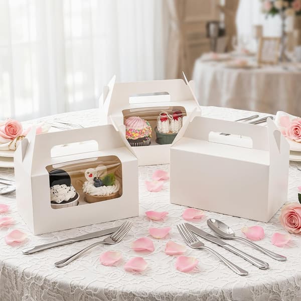 60-pak 2-tals hvide papir cupcake-æsker med indsats, håndtag og vindue, bærbare muffinbeholdere