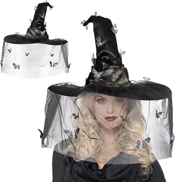 Heksehat med slør Sort Foldbar Kant Halloween Kostumetilbehør til Voksne Kvinder Festdekoration