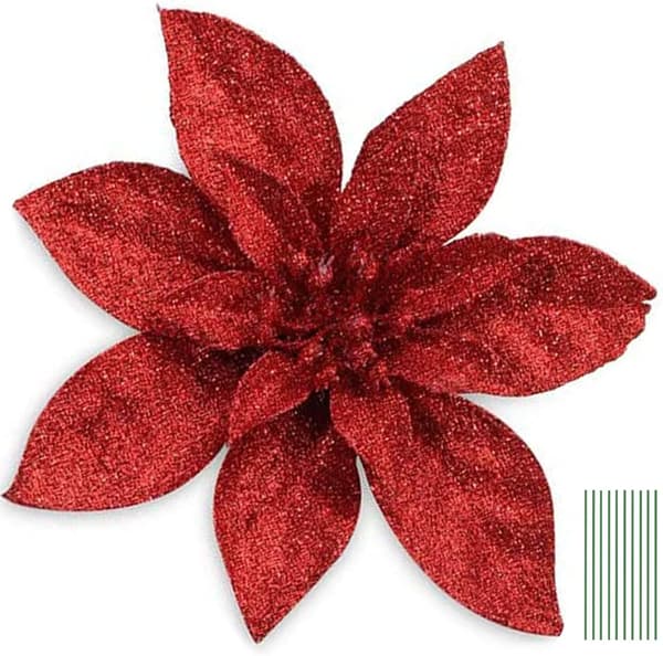 (Red, 15CM) 10 pcs Glitter Christmas Flowers with Artificial Poin