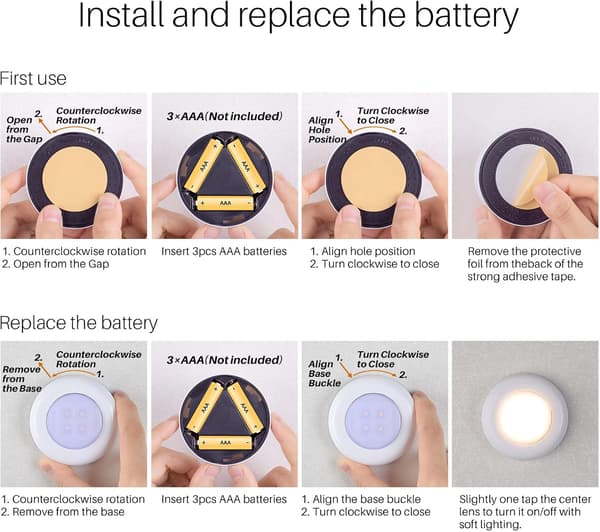Tap Light Push Lights, Stick-on LED Touch Puck Lights AAA Battery Operated, Press Spot Lights Indoor (2.8 inch, Warm White, 5-pack)
