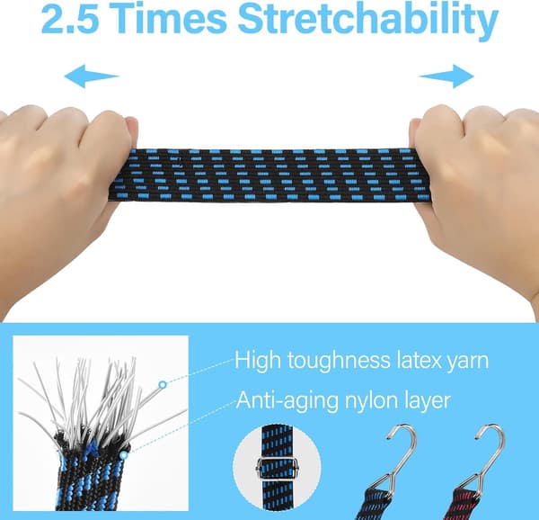 This set of 4 adjustable elastic cords with hooks is ideal for transporting goods, bicycles, etc.