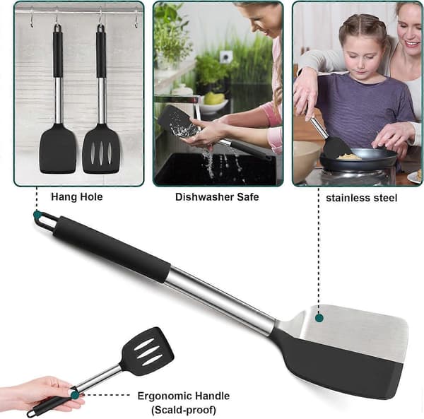 Silicone Spatula, 2-pack, Turner/Non-stick Kitchen Spatula Ideal for Fish, Eggs, Pancakes, Heat Resistant & Dishwasher Safe, Black