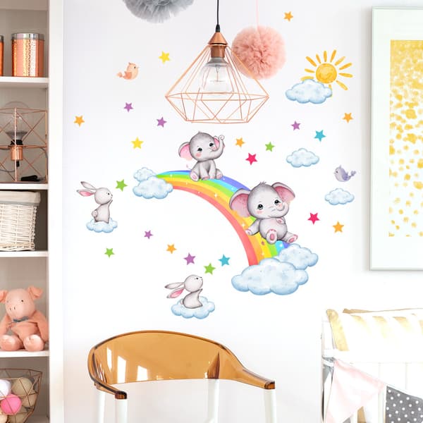 Rainbow Animal Wall Decals Elephant Rabbit Cloud Wall Stickers