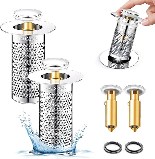 Bathroom Sink Strainer, 2 Pcs Long 8cm, Pop-Up Drain Filter with Removable Stainless Steel Basket