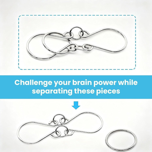 Memory Iron Rings Set - Brain Teaser Metal Puzzle Interlock Toy - Silver