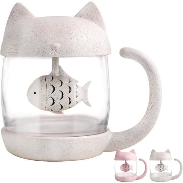 Cat Shaped Glass Tea Cup, Fish Shaped Tea Infuser Water Bottle, Loose Leaf Tea Strainer 250ML