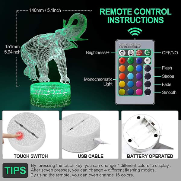 Elefant 3D optisk illusjonslampe, 3D nattlampe, elefantgave bursdagsgave