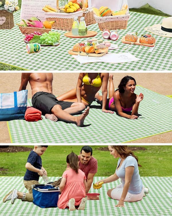 (Grøn og hvidternet) 200*150cm Picnictæppe, Foldbart Pi