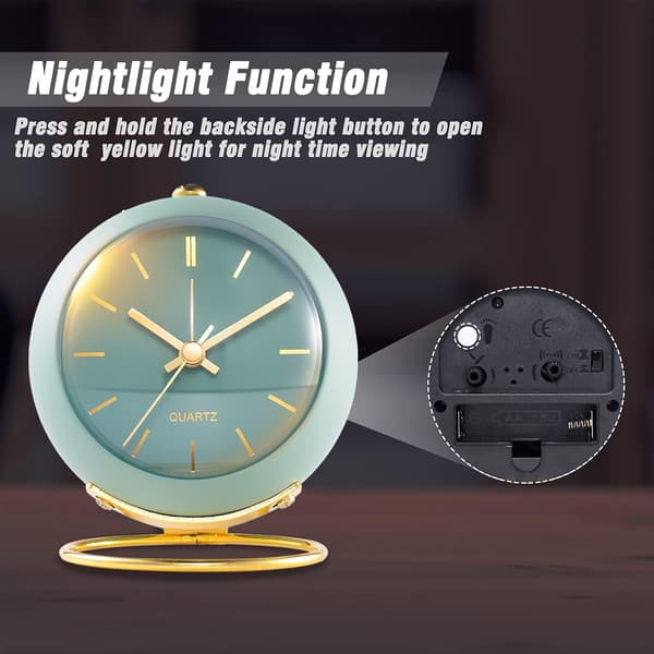 Battery Operated Desk Alarm Clock with Light, Retro Silent Analog Small Clock, Loud Table Clock, Green