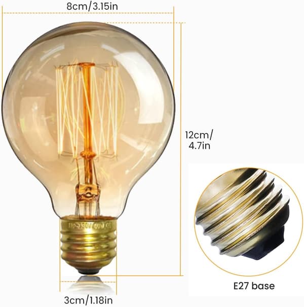 Vintage Edison Bulb, Dimmable Screw, Edison Bulb, Vintage Filament Bulb Warm Light 40w G80 E27 220V - 4-pack