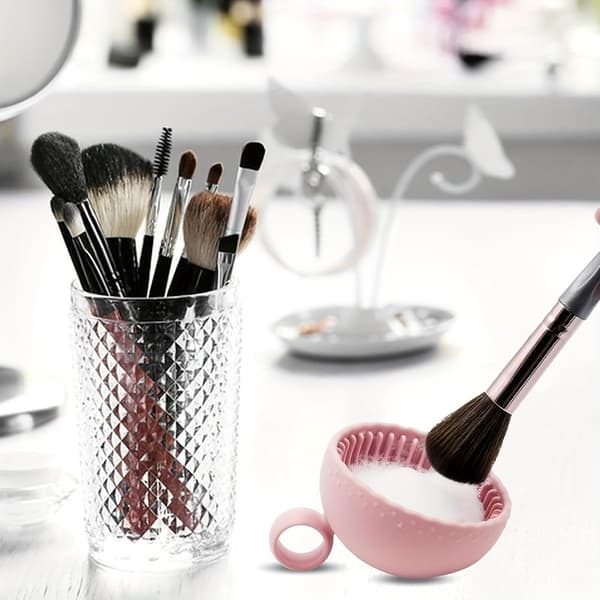 Makeupbørsterenserskåle, 2-delt silikone i tekopform, bærbare teksturerede rensekopper til hjem og rejser, pink, 6,5 x 5 cm