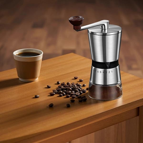 Manual Coffee Grinder with Adjustable Ceramic Burr, Eight Precision Settings, Wooden Handle, Glass Chamber