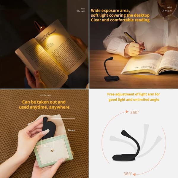 Book Light, Rechargeable Clip-on Reading Light, Adjustable Brightness