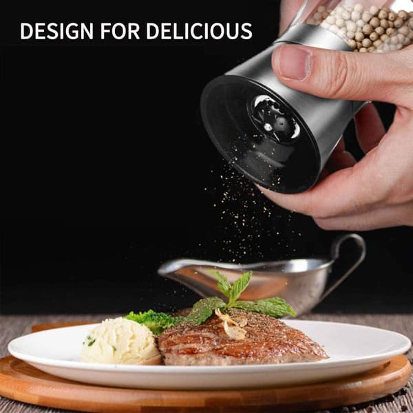 Stainless Steel Pepper Mill with Glass Container, Adjustable Manual Ceramic Grinder, Spice Grinder
