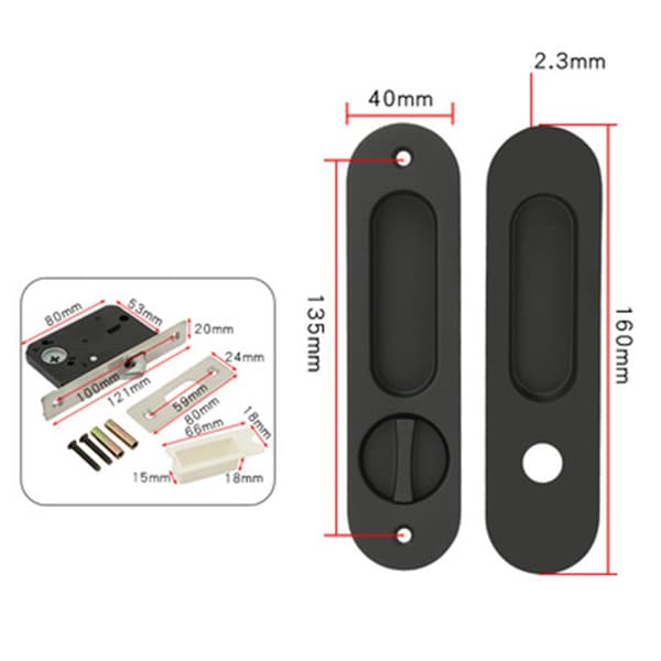 Flush Sliding Door Handle Set - Embedded Lock Body Handle for Interior Doors Black Black 120