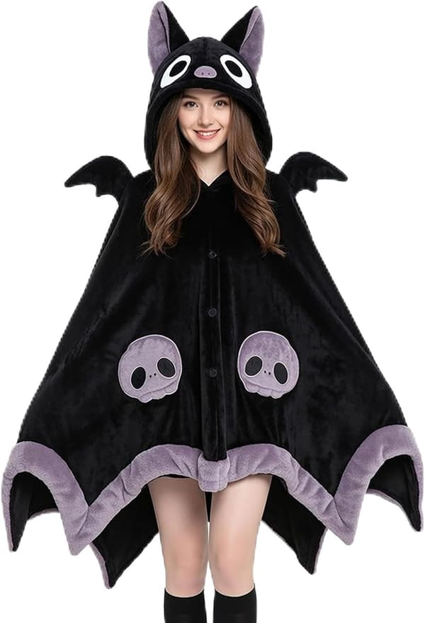 Søt flaggermusteppe-hettegenser, bærbart flaggermusteppe for voksne til Halloween-cosplay, myk flaggermuskappe med hette for kvinner