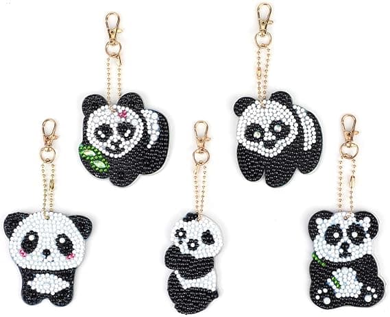 5 stk DIY 5D Panda Diamantmaleri Nøkkelringer, Rhinestones