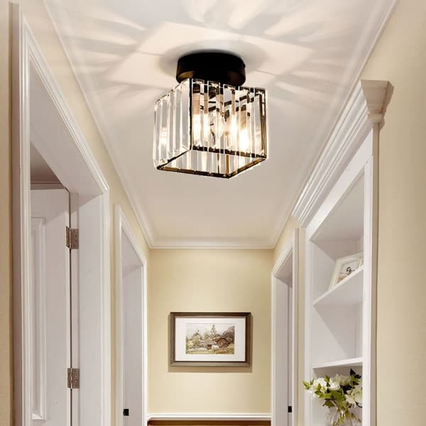 Modern Crystal Ceiling Lamp Entrance E27 Mini Chandelier LED Ceiling Light Square Lampshade (Black)