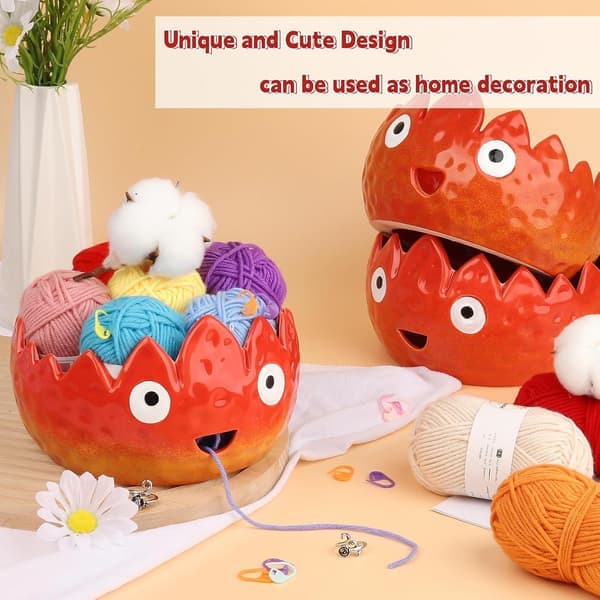 Handmade Ceramic Yarn Bowl for Crocheting - Flame Pattern Crochet Bowl, Keeps Yarn Tangle-Free, Perfect Gift for Knitters [Ho]