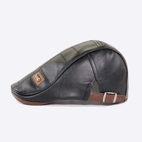 Black Trendy Leather Beret for Men, Adjustable PU Leather Cap