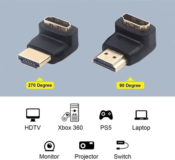 2-pak HDMI-adapter 90 grader og 270 grader retvinklet han til