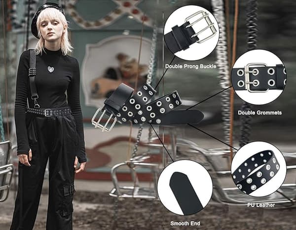 Bælte til kvinder Dobbelte huller Bredde Goth Dame Bælter til jeans - Sort