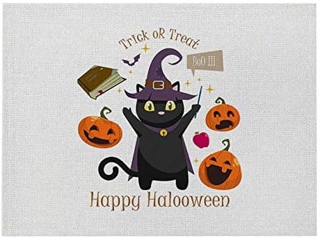 Sæt med 4 farvede Halloween-dækkeservietter i bomuld og hør - Kat