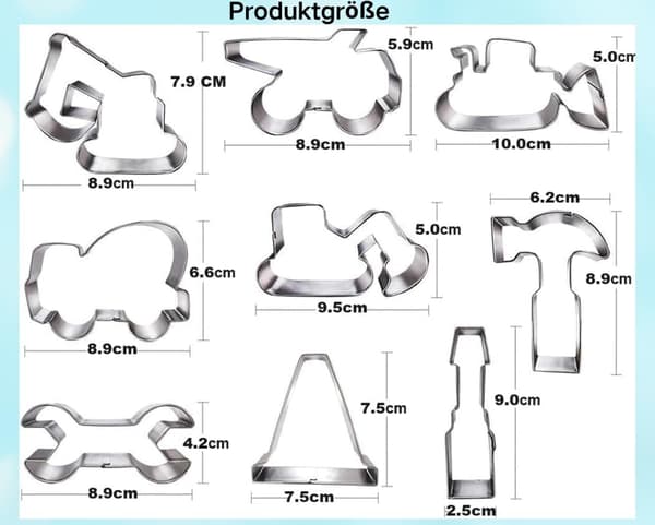 Construction Cookie Cutter Set - 9 Pieces - Excavator, Bulldozer, Dump Truck, Hammer, Wrench, Tools