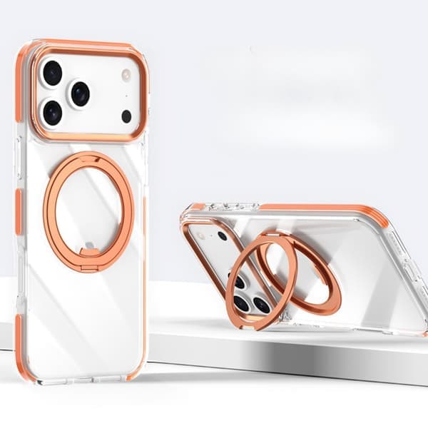 Transparent Case for iPhone 17 Pro with 360 Degree Rotating Ring Strap Shockproof Heavy Duty Military Grade Protective Case Orange