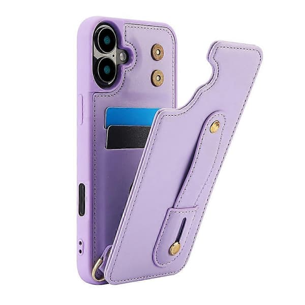 Compatible with iPhone 17 Case, Stand, Card Slots, Leather Coated TPU Case with Shoulder Strap Purple Purple