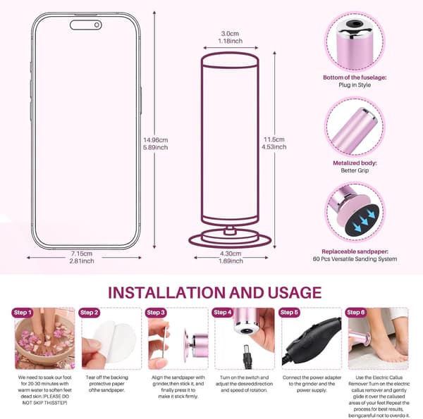 Electric Callus Remover: Adjustable Speed Foot File for Cracked Heels, 60 Sanding Discs
