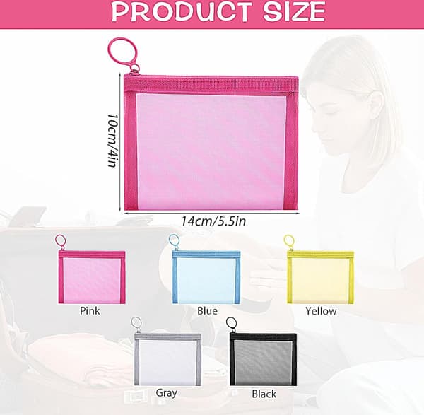 Mini Mesh Zipper Pouch, Small Bag Organizer, Makeup Bag, 14x10cm, 5-Pack