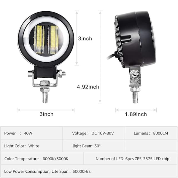 (pow yeah!) 20W Round LED Work Light for Car, Off-road Lamp, Work Fog Lamp