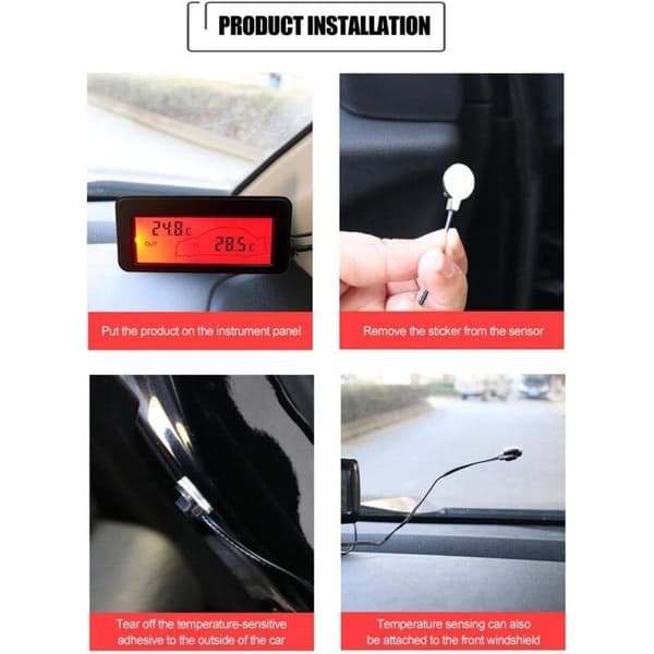 DC12V Bil Indendørs/Udendørs Termometer, Digitalt Termometer, Baggrundsbelyst Biltermometer, Mini LCD Biltermometer, Indendørs/Udendørs Termometer