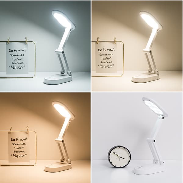 Rosa LED-bordlampe med sammenleggbar arm, doble moduser og tre lysfarger