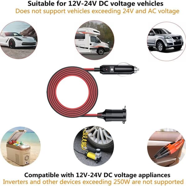 Cigarette Lighter Extension Cable, 3.7M 12V-24V DC, 20AWG Connector, Waterproof Cigarette Lighter Extension Cable with 15A Fuse for Motorcycle, Boat