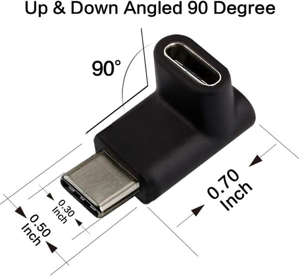 2-pakkaus USB Type-C uros-naaras-adapteri, 90 astetta oikealle kulmassa