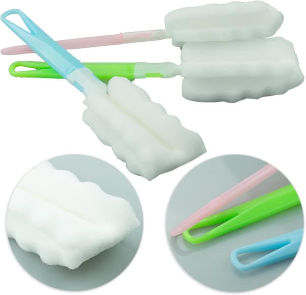 Sponge Bottle Brushes, with Adjustable Long Handle, Soft Foam Dish Brushes for Cups Mugs Kettles Wine Glasses (3 Pcs)